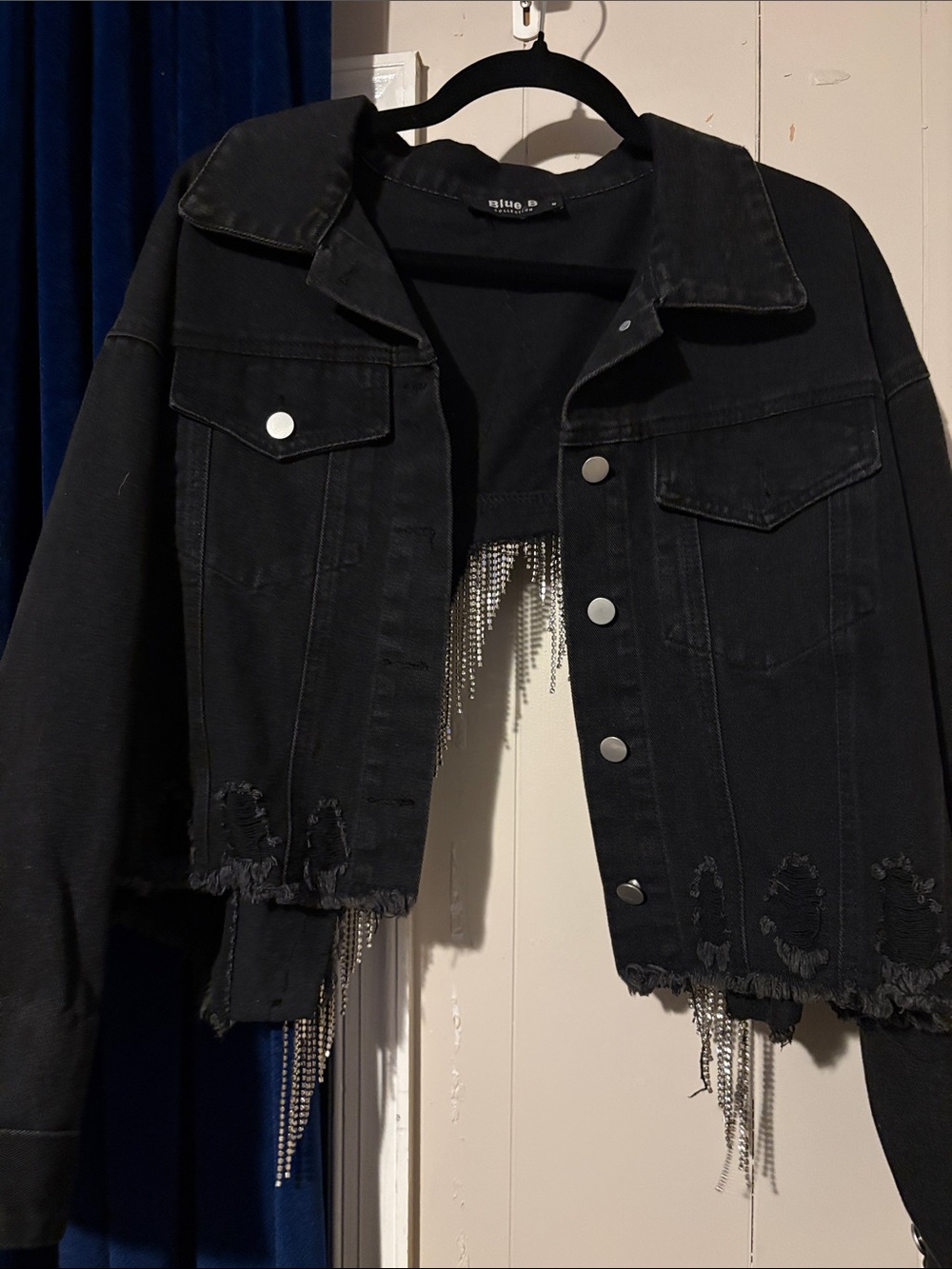 Blue B Black Distressed Cropped Denim Jacket with Rhinestone Fringe
